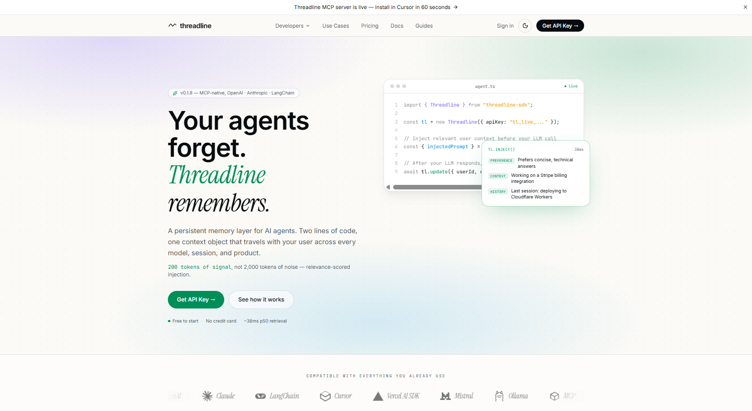 Threadline homepage with Get API Key button