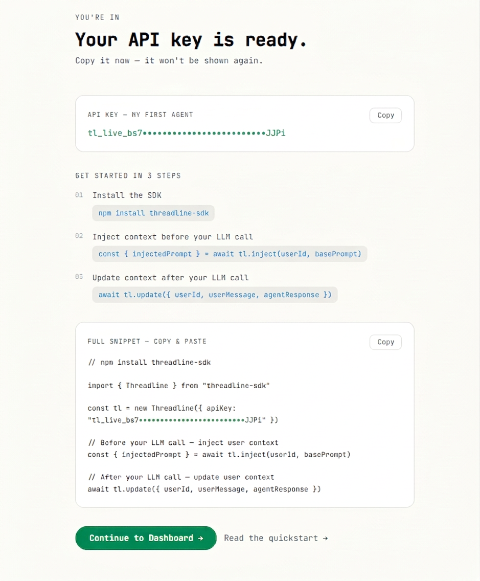 Onboarding page with masked API key